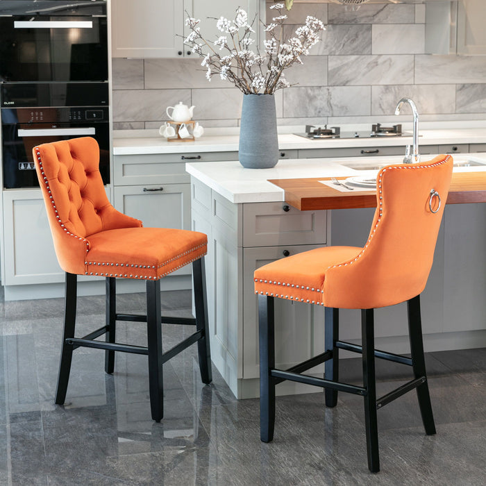 Contemporary Velvet Upholstered Barstools With Button Tufted Decoration And Wooden Legs, And Chrome Nailhead Trim, Leisure Style Bar Chairs, Bar Stools, (Set of 2) (Orange)