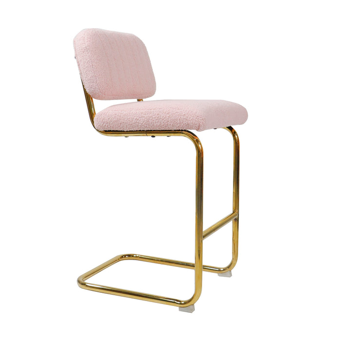 Mid-Century Modern Counter Height Bar Stools For Kitchen (Set of 2), Armless Bar Chairs With Gold Metal Chrome Base For Dining Room, Upholstered Boucle Fabric Counter Stools, Pink