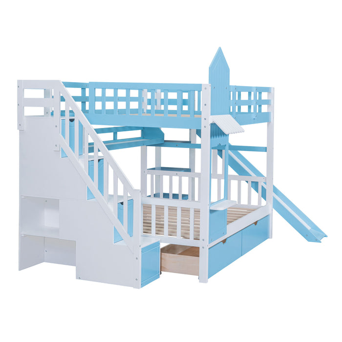 Full-Over-Full Castle Style Bunk Bed With 2 Drawers 3 Shelves And Slide, Blue
