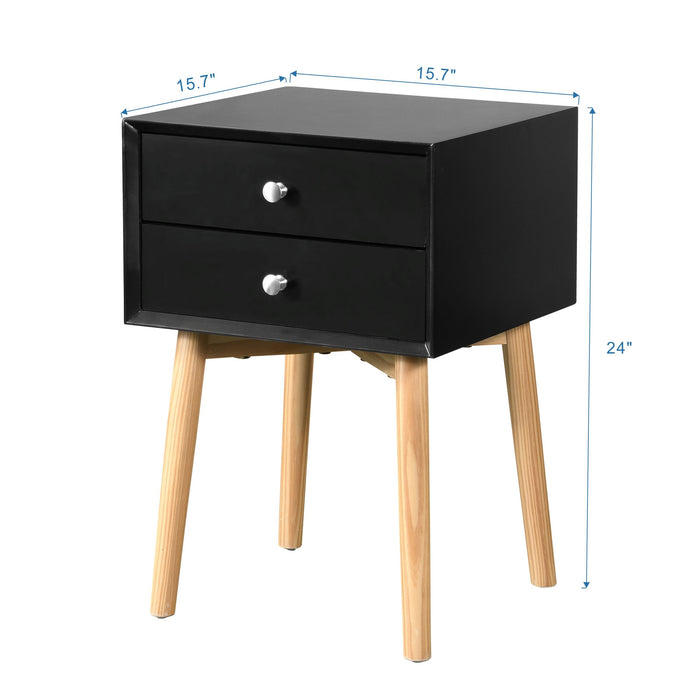 Zfztimber Side Table, Bedside Table With 2 Drawers And Rubber Wood Legs, Mid - Century Modern Storage Cabinet For Bedroom - Black