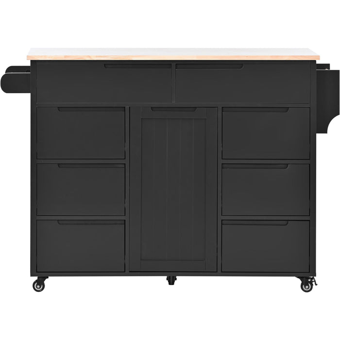 K & K Store Kitchen Cart With Rubber Wood CounterTop , Kitchen Island Has 8 Handle-Free Drawers Including A Flatware Organizer And 5 Wheels For Kitchen Dinning Room, Black