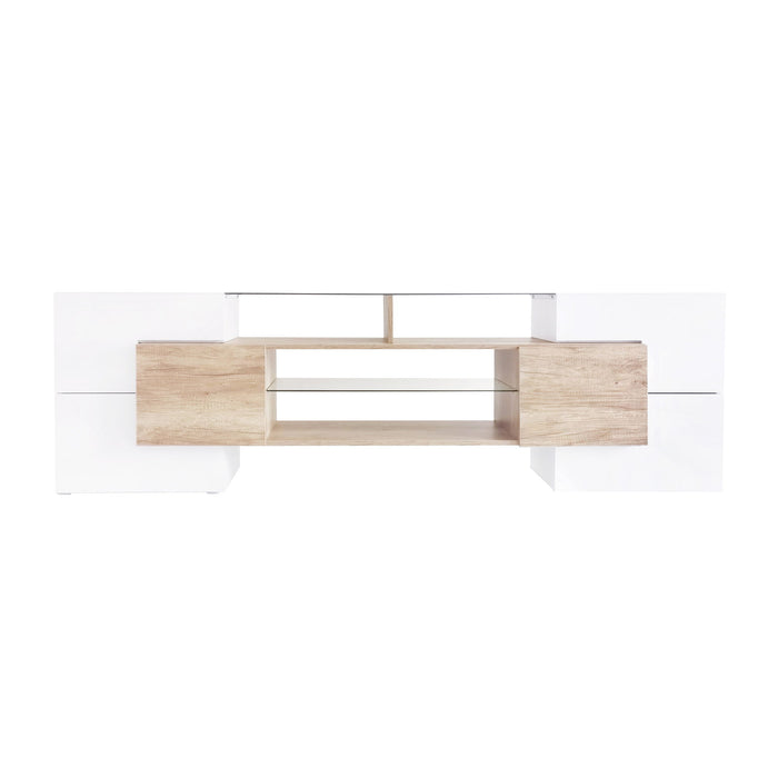 On-Trend Unique Shape TV Stand With 2 Illuminated Glass Shelves, High Gloss Entertainment Center For Tvs Up To 80", Versatile TV Cabinet With Led Color Changing Lights For Living Room, Wood