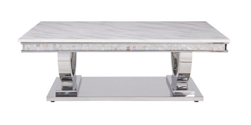 Zander - Coffee Table - White Printed Faux Marble & Mirrored Silver Finish Unique Piece Furniture