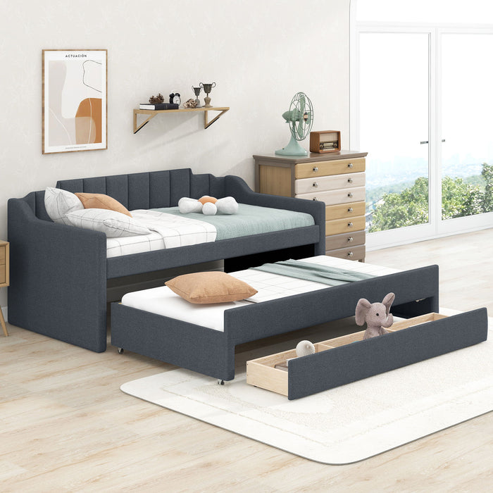 Twin Size Upholstered Daybed With Trundle And Three Drawers, Grey