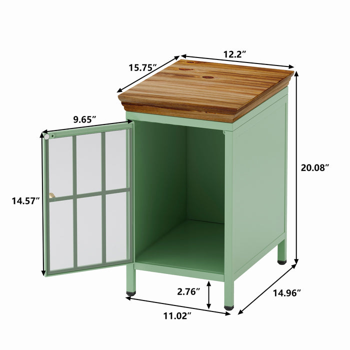 Nightstand With Storage Cabinet & Solid Wood Tabletop, Bedside Table, Sofa Side Coffee Table For Bedroom, Living Room, Green