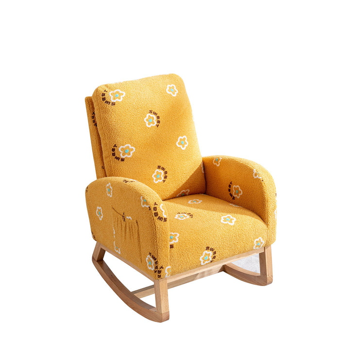 26.8"W Modern Rocking Chair For Nursery, Mid Century Accent Rocker Armchair With Side Pocket, Upholstered High Back Wooden Rocking Chair For Baby Kids Room Bedroom, Mustard Boucle