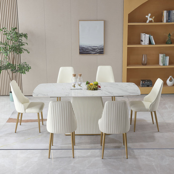 Contemporary Dining Table Sintered Stone Square Pedestal Base With 6 Pieces Chairs