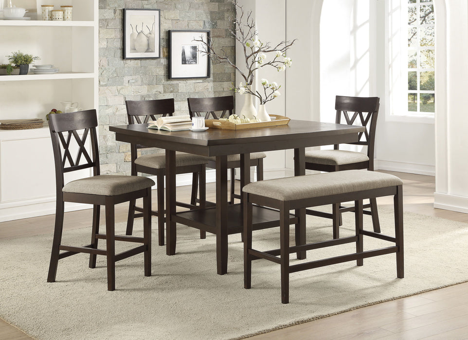 Dark Brown Finish Counter Height Table With Lazy Susan Lower Display Shelf And 4 Counter Height Chairs Bench Contemporary Dining 6 Pieces Set Wooden Furniture