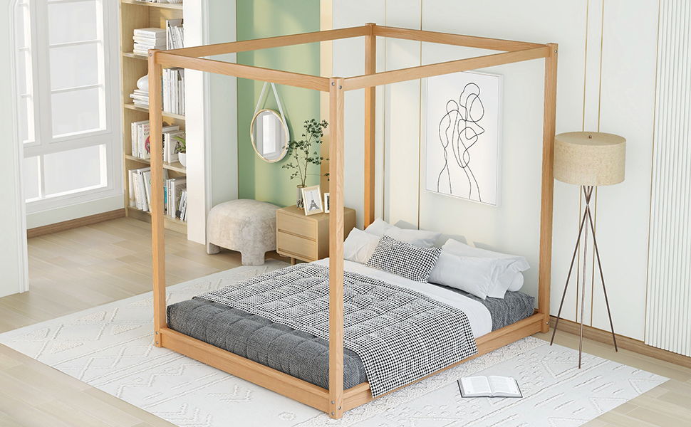 Queen Size Canopy Platform Bed With Support Legs, Natural