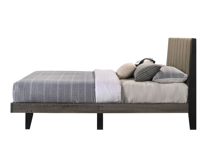 Valdemar - Queen Bed - Brown Fabric & Weatheted Gray Finish Unique Piece Furniture