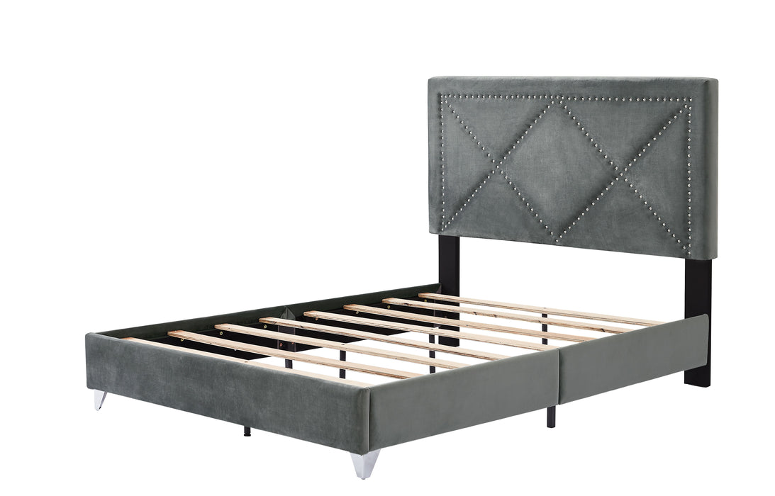 B109 Queen Bed With Two Nightstands, Beautiful Brass Studs Adorn The Headboard, Strong Wooden Slats And Metal Legs With Electroplate - Gray