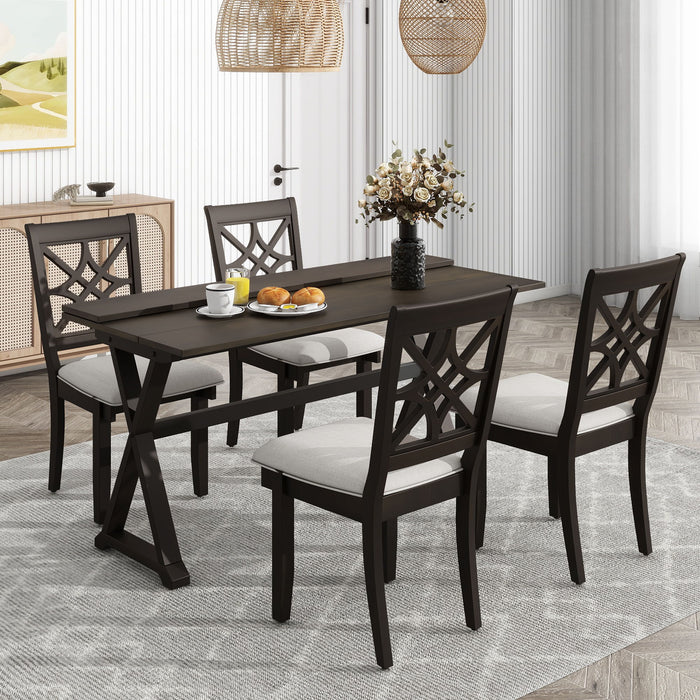 Topmax 5 Piece 62*35.2" Extendable Rubber Wood Dining Table Set With X - Shape Legs, Console Table With Two 8.8" - Wide Flip Lids And Upholstered Dining Chairs, Dark Walnut