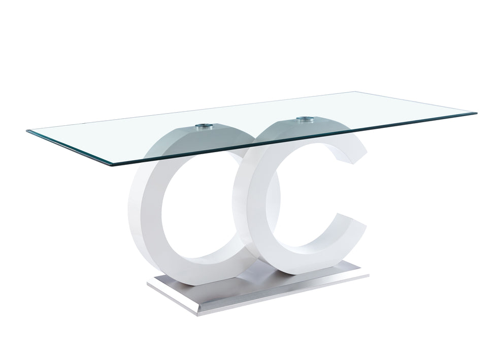 Tempered Glass Dining Table With White MDF Middle Support And Stainless Steel Base For Modern Design