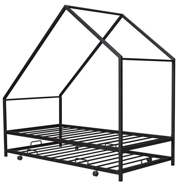 Metal House Bed With Trundle, Twin Size House Bed Black