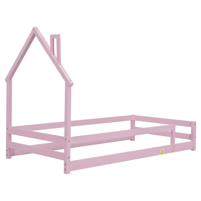 Twin Size Wood Bed With House-Shaped Headboard Floor Bed With Fences, Pink