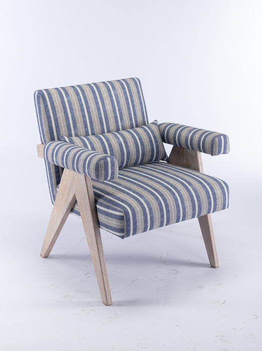 Accent Chair, Rubber Wood Legs With Black Finish Fabric Cover The Seat With A Cushion - Blue Stripe