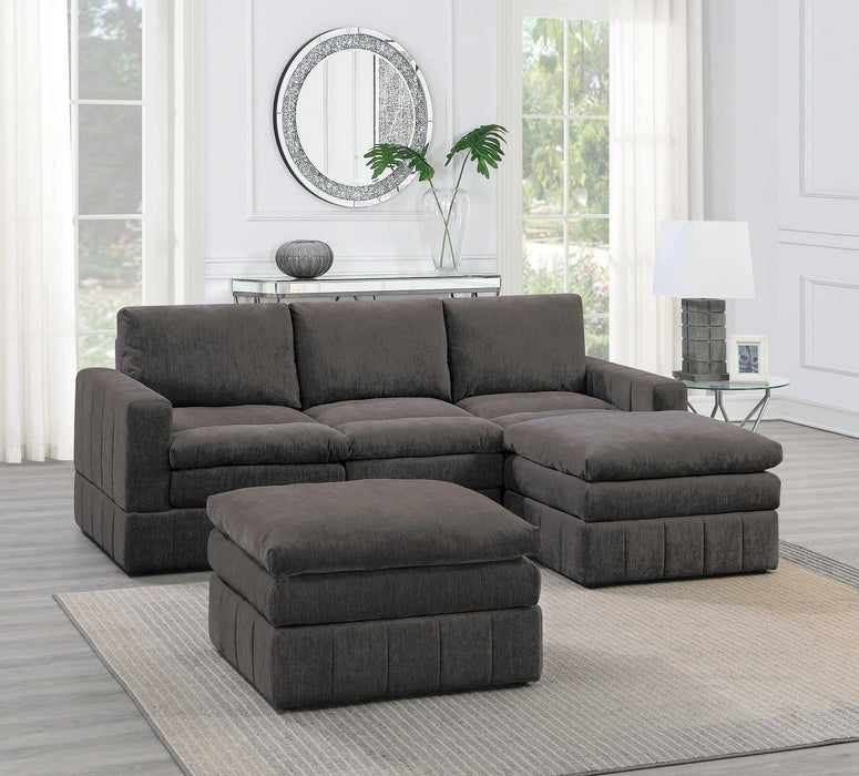 Contemporary 5 Piece Set Modular Corner Sectional Set 2 One Arm Chair / Wedge 1 Armless Chairs 2 Ottomans Mink Morgan Fabric Plush Living Room Furniture