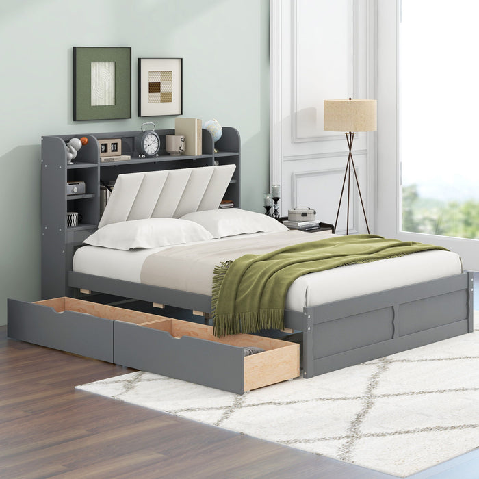 Wood Queen Size Platform Bed With Storage Headboard, Shelves And 2 Drawers, Gray