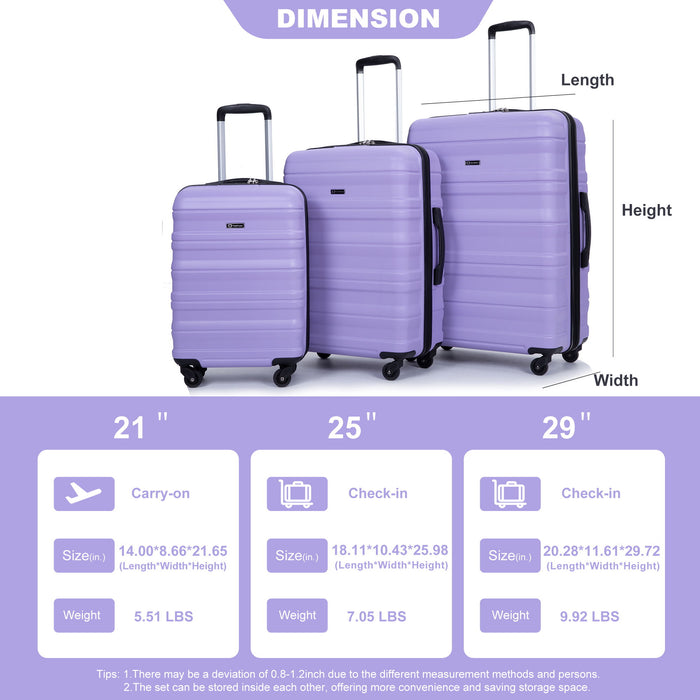 3 Piece Luggage Sets Piece Lightweight & Durable Expandable Suitcase With Two Hooks, Spinner Wheels, Tsa Lock, (21 / 25 / 29) Purple