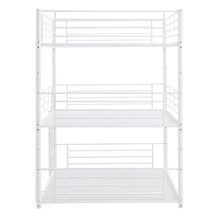 Full-Full-Full Metal Triple Bed With Built-In Ladder, Divided Into Three Separate Beds, White