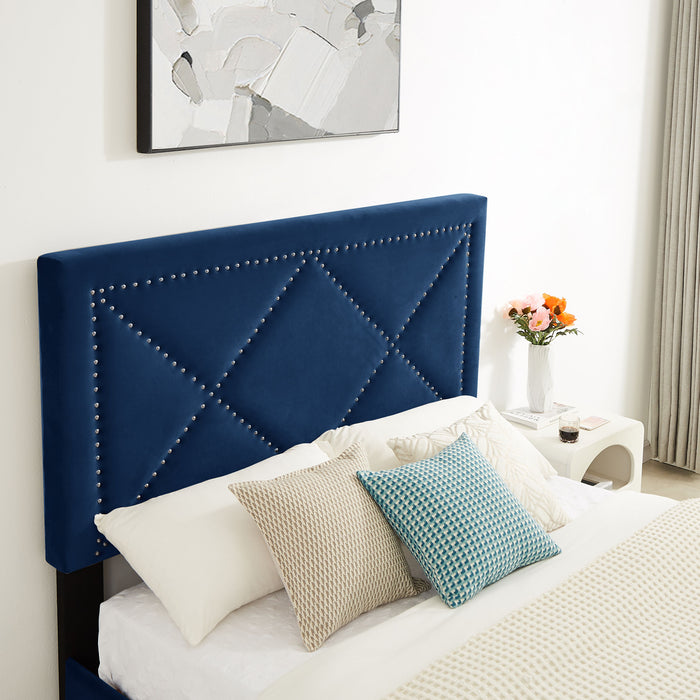 B109 Queen Bed .Beautiful Brass Studs Adorn The Headboard, Strong Wooden Slats And Metal Legs With Electroplate - Blue