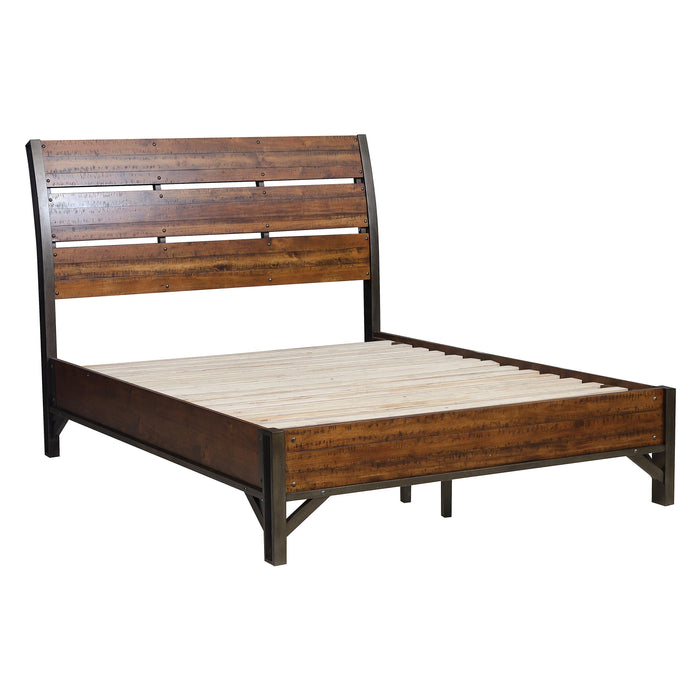 Industrial Design Platform Bed 1 Piece Eastern King Size Horizontal Slats Rustic Brown And Gunmetal Finish Bedroom Furniture