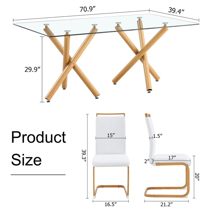 1 Table And 4 Chairs Glass Dining Table With Tempered Glass Tabletop And Wooden Metal Legs White PU Leather High Backrest Soft Padded Side Chair With Wooden Color C Shaped Tube Chrome Metal Leg