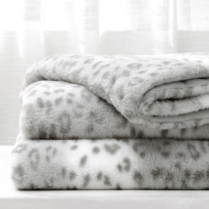 Printed Faux Rabbit Fur Throw, Lightweight Plush Cozy Soft Blanket, 60" X 70", Gray Leopard (Set of 2)