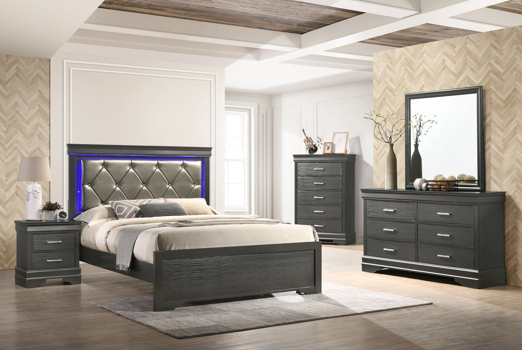 Brooklyn King 5 Pieces Tufted Upholstery LED Bedroom Set Made With Wood In Gray