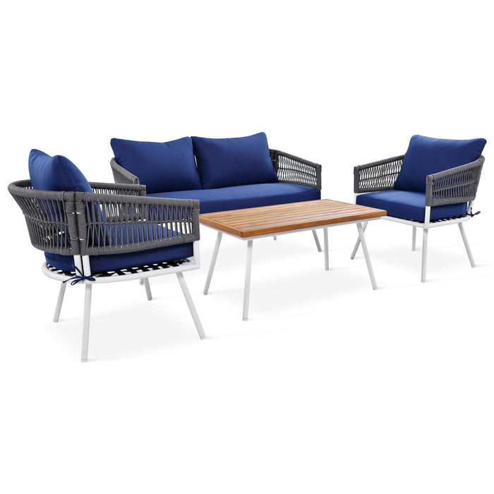 K&K 4 Piece Boho Rope Patio Furniture Set, Outdoor Furniture With Acacia Wood Table, Patio Conversation Set With Deep Seating & Thick Cushion For Backyard Porch Balcony, Navy Blue