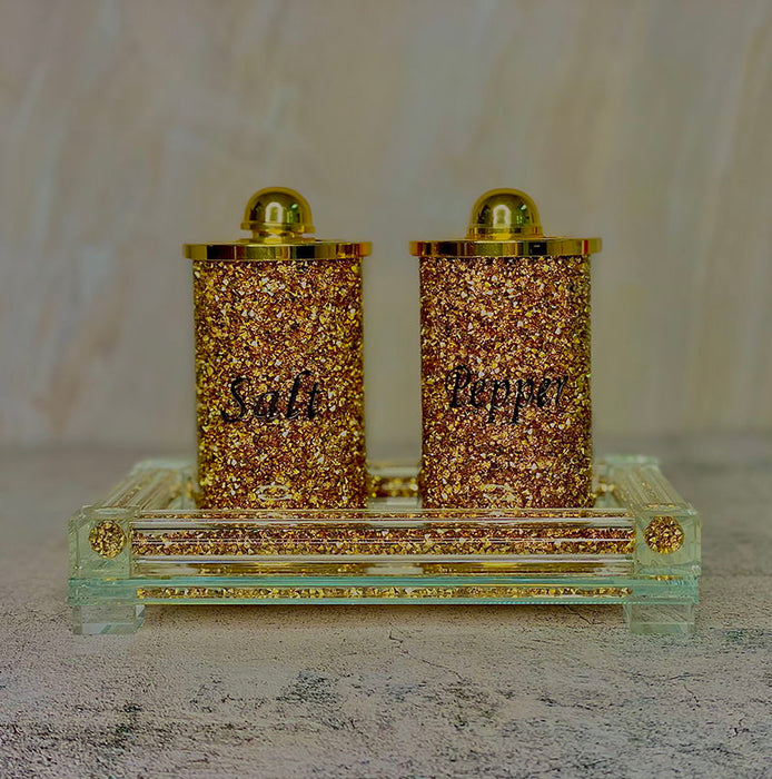 Ambrose Exquisite Salt & Pepper Canisters With Tray In Crushed Diamond Glass In Gift Box - Gold