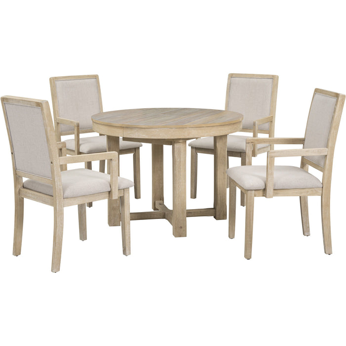 Trexm 5 Piece Dining Table Set, Two-Size Round To Oval Extendable Butterfly Leaf Wood Dining Table And 4 Upholstered Dining Chairs With Armrests (Natural Wood Wash)