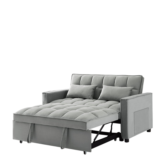 Modern Velvet Convertible Loveseat Sleeper Sofa Couch With Adjustable Backrest, 2 Seater Sofa With Pull-Out Bed With 2 Lumbar Pillows For Small & Apartment - Gray