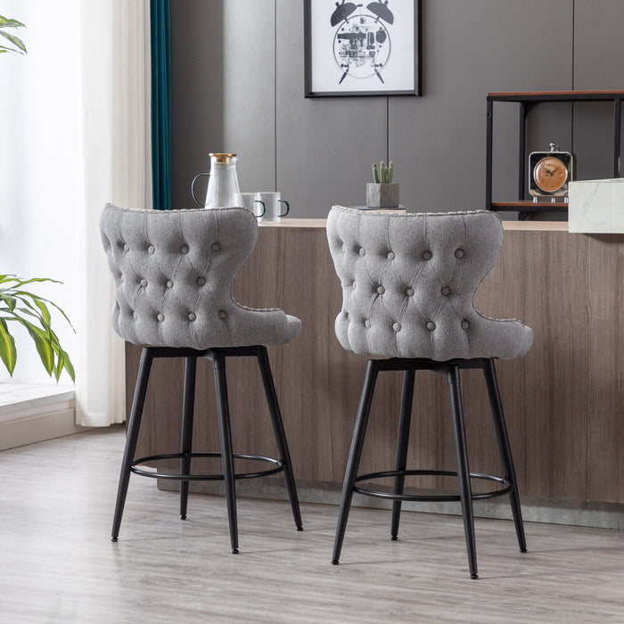 Counter Height 25" Modern Linen Fabric Counter Chairs, 180 Degrees Swivel Bar Stool Chair For Kitchen, Tufted Cupreous Nailhead Trim Burlap Bar Stools With Metal Legs, (Set of 2) - Gray