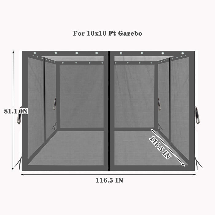 10X10 Ft Gazebo Replacement Mosquito Netting With Zippers, 4 - Side Mesh Walls For Patio Gazebos - Black