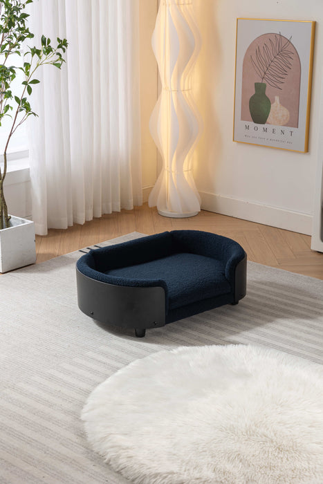Scandinavian Style Elevated Dog Bed Pet Sofa With Solid Wood Legs And Black Bent Wood Back, Cashmere Cushion, Mid Size - Dark Blue