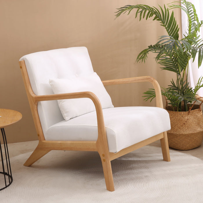 Mid Century Modern Accent Chair With Wood Frame, Upholstered Living Room Chairs, Reading Armchair For Bedroom - Beige