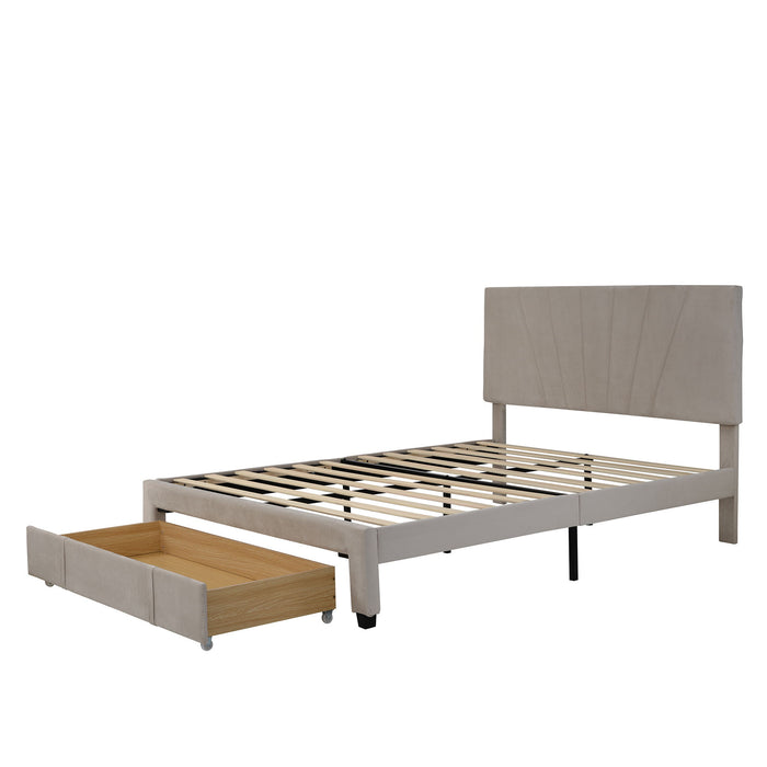 Queen Size Storage Bed Upholstered Platform Bed With Big Drawer - Beige - Fabric