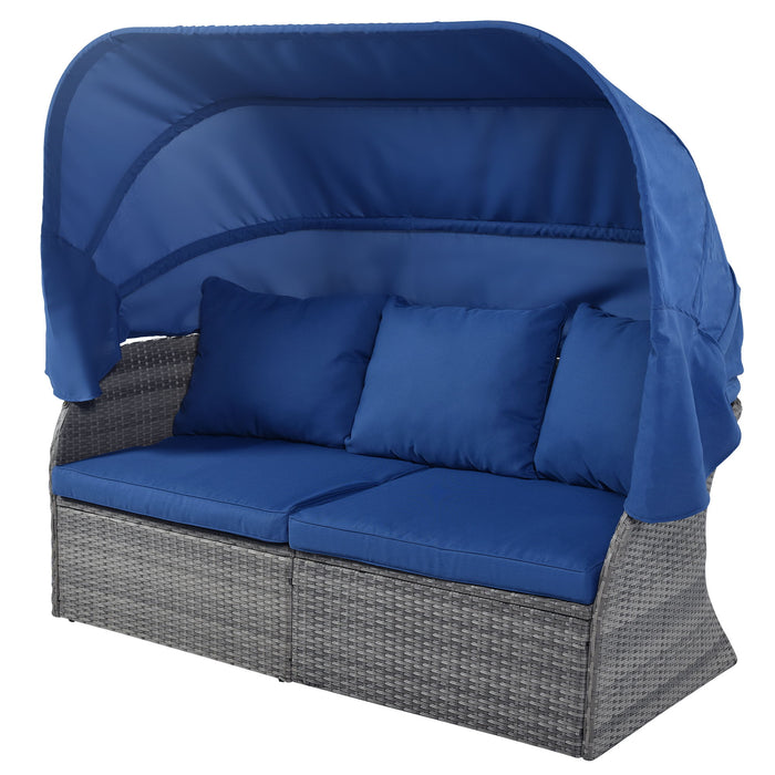 U_Style Outdoor Patio Furniture Set Daybed Sunbed With Retractable Canopy Conversation Set Wicker Furniture - Blue