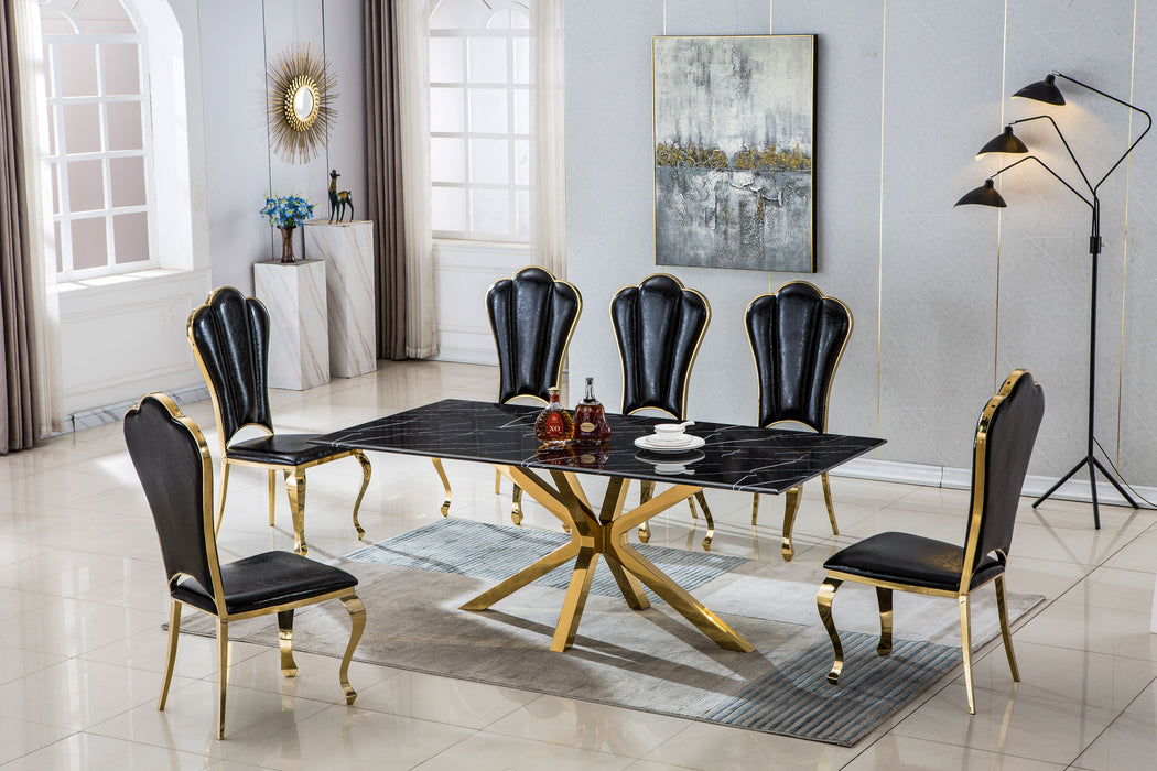 Modern Rectangular Marble Table For Dining Room / Kitchen, 1.02" Thick Marble Top, Gold Finish Stainless Steel Base