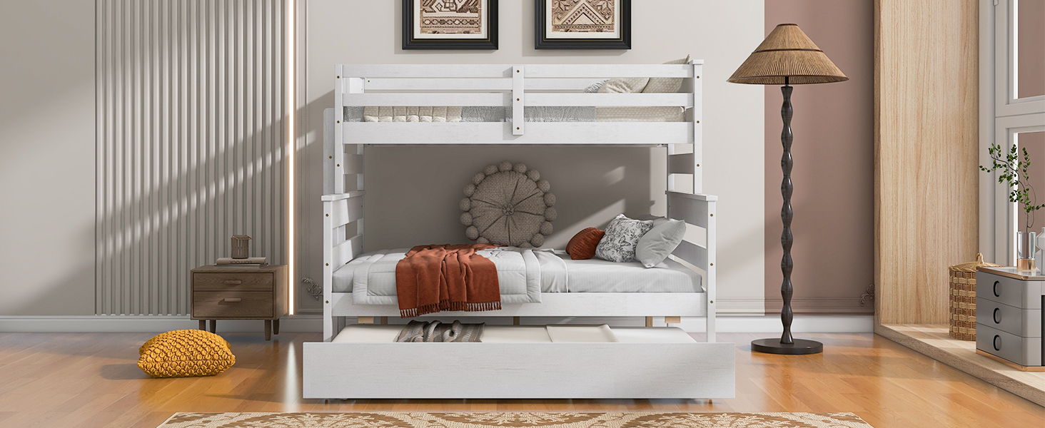 Wood Twin Over Full Bunk Bed With Twin Size Trundle, White