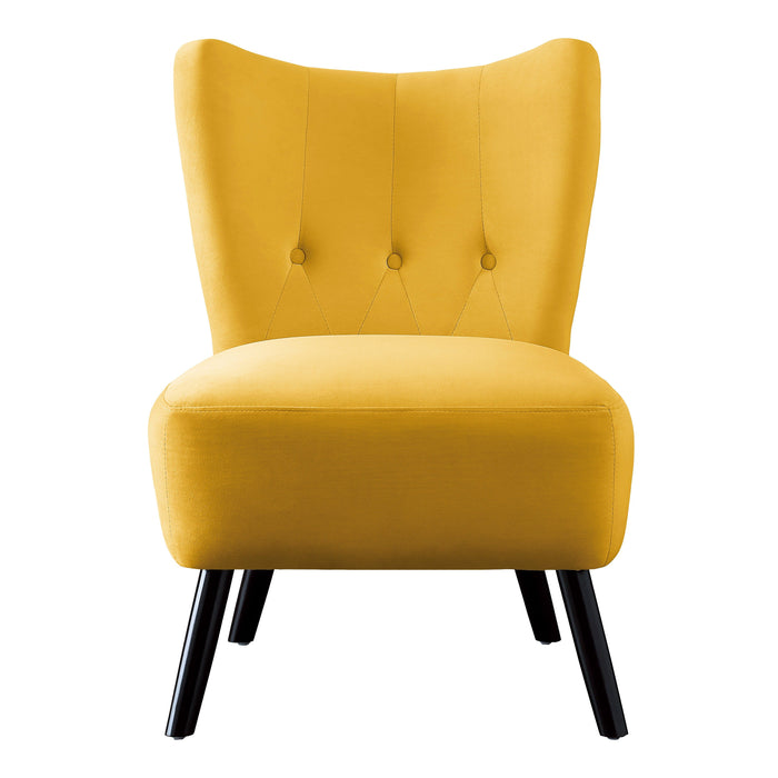 Unique Style Accent Chair Yellow Velvet Covering Button Tufted Back Brown Finish Wood Legs Modern Home Furniture