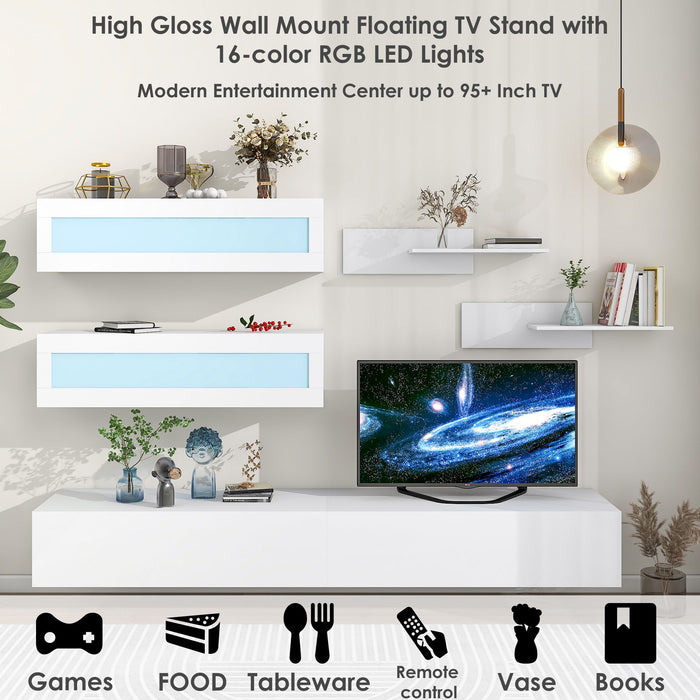 On-Trend Wall Mount Floating TV Stand With Four Media Storage Cabinets And Two Shelves, Modern High Gloss Entertainment Center For 95/" TV, 16 - Color Rgb LED Lights For Living Room, Bedroom, White