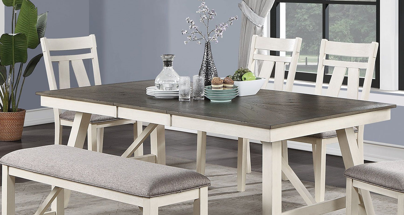Dining Room Furniture 6 Pieces Dining Set Table Leaf And 4 Side Chairs 1X Bench Gray Fabric Cushion Seat White Clean Lines Wooden Table Top