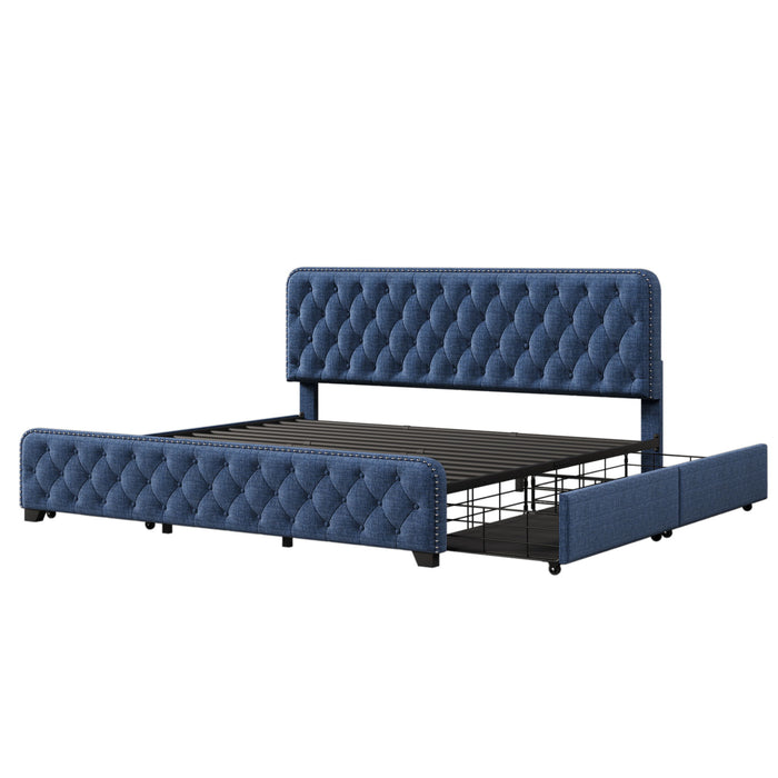 Upholstered Platform Bed Frame With Four Drawers, Button Tufted Headboard And Footboard Sturdy Metal Support, No Box Spring Required, Blue, King