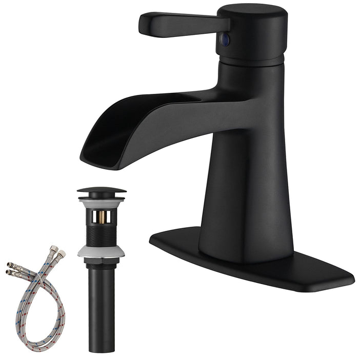 Waterfall Single Hole Single Handle Low Arc Bathroom Sink Faucet With Pop Up Drain Assembly In Matte Black