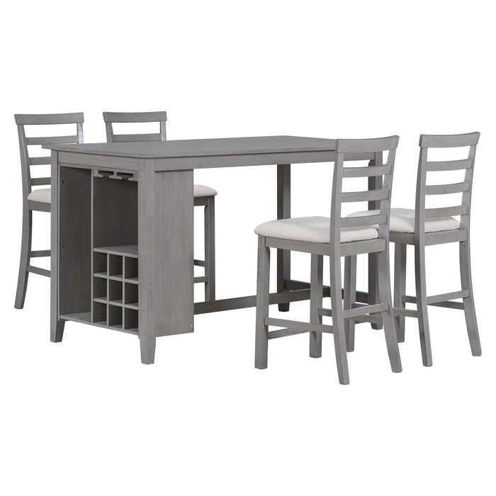 Trexm 5 Piece Multi-Functional Rubber Wood Counter Height Dining Set With Padded Chairs And Integrated 9 Bar Wine Compartment, Wineglass Holders For Dining Room (Gray)
