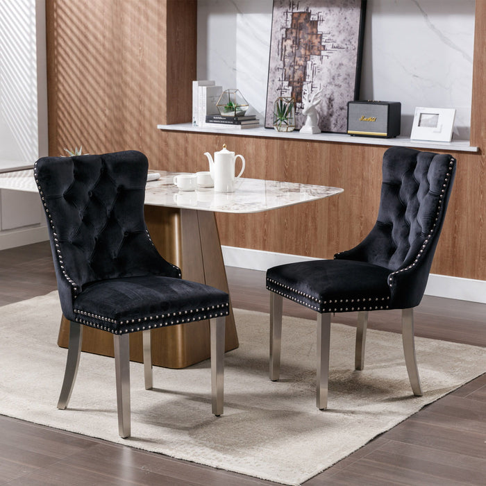 Nikki Collection Modern, High - End Tufted Solid Wood Contemporary Upholstered Dining Chair With Chrome Stainless Steel Plating Legs, Nailhead Trim (Set of 2) - Black / Chrome