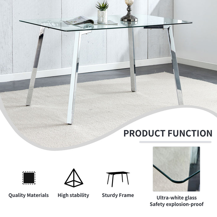 Glass Dining Table Modern Minimalist Rectangular For 4 - 6 With Tempered Glass Tabletop And Plating Metal Legs, Writing Table Desk, For Kitchen Dining Living Room
