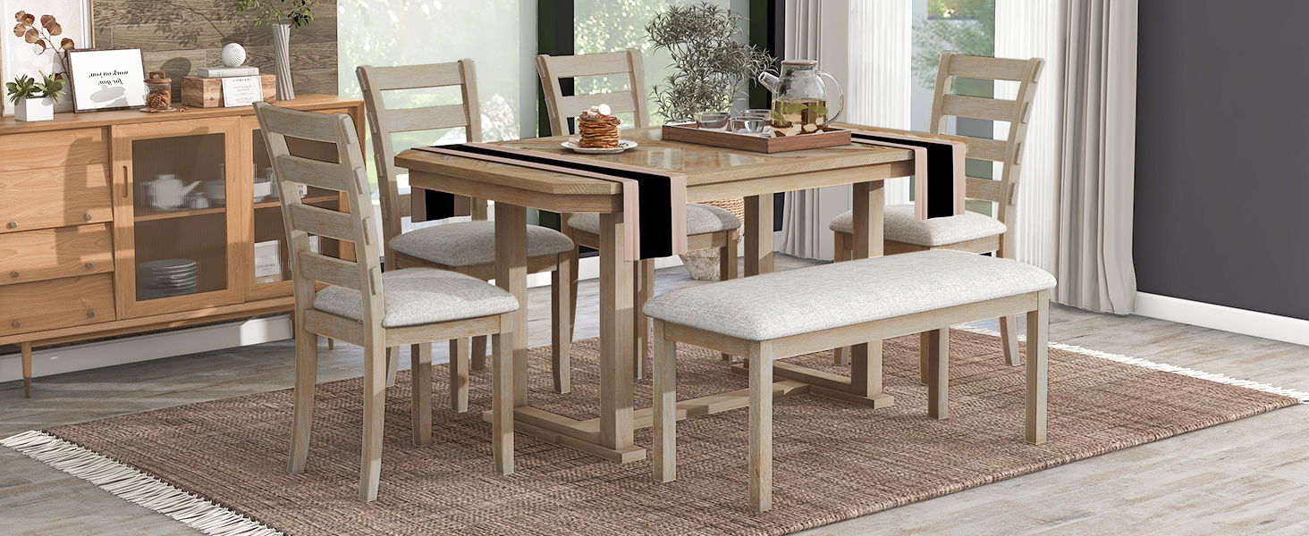 Trexm 6 Piece Rubber Wood Dining Table Set With Beautiful Wood Grain Pattern Tabletop Solid Wood Veneer And Soft Cushion (Natural Wood Wash)